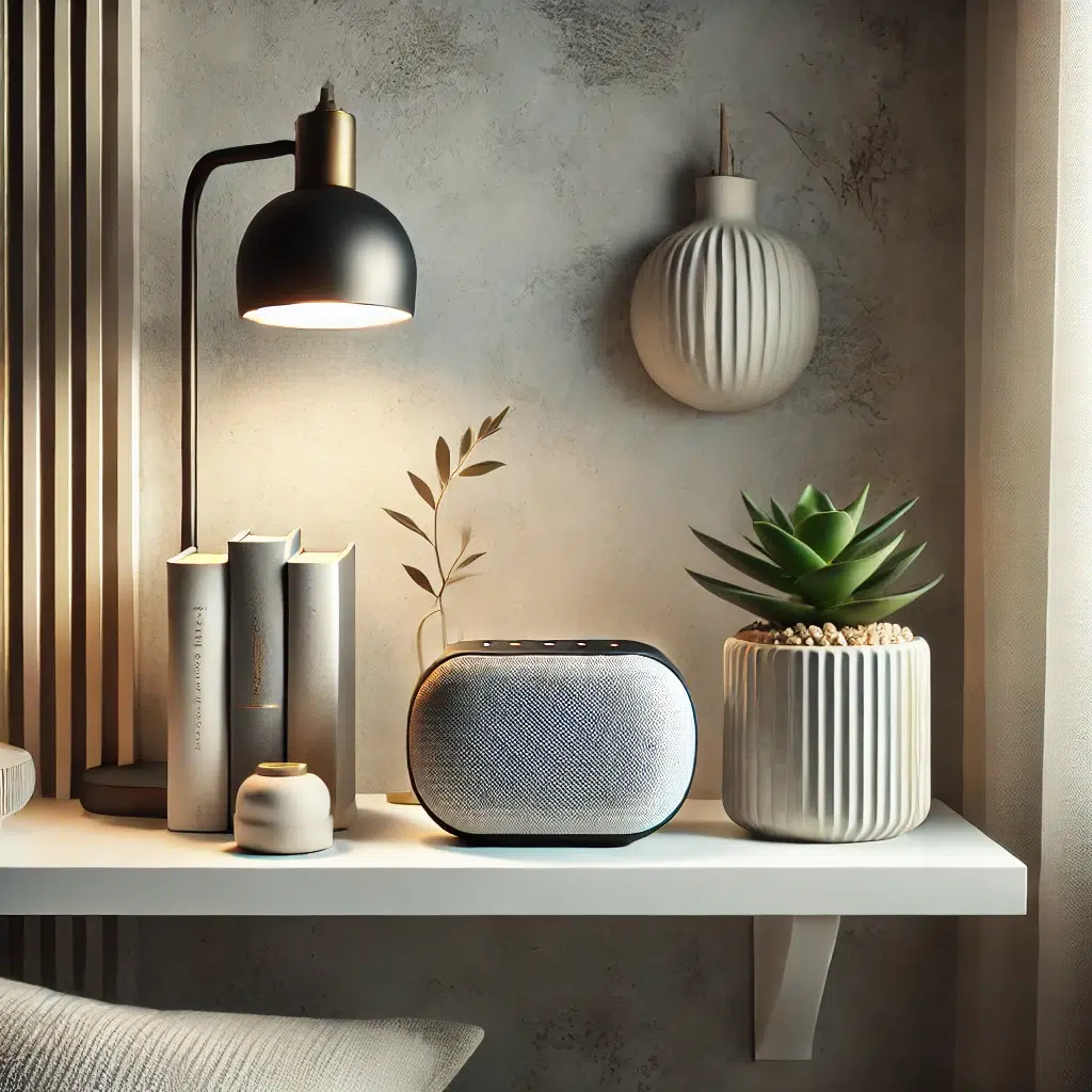 An elegant indoor setting featuring a sleek and modern Bluetooth speaker inspired by the Harman Kardon Onyx Studio Mini. The speaker is place