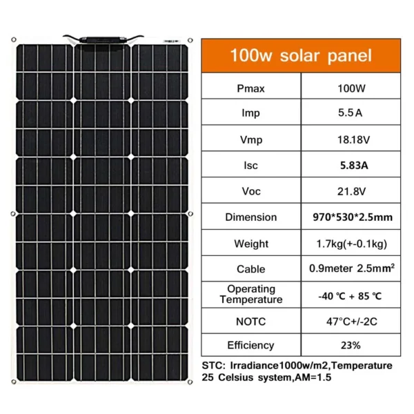 100W Flexible Monocrystalline Solar Panel For Car/Boat/ Home - Image 2