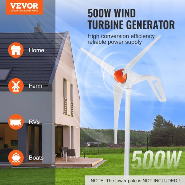 500W Wind Turbine Generator, 12V Wind Turbine Kit, 3-Blade Wind Power Generator